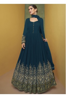 Navy Blue Faux Georgette Embroidered Gown Style Salwar Kameez