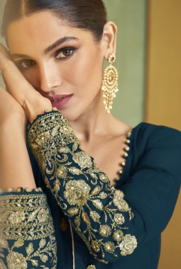 Navy Blue Faux Georgette Embroidered Gown Style Salwar Kameez