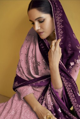 Pink Faux Georgette Embroidered Wedding Gown With Dupatta