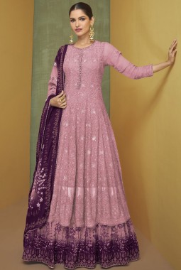 Pink Faux Georgette Embroidered Wedding Gown With Dupatta