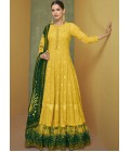 Yellow Faux Georgette Embroidered Wedding Gown With Dupatta