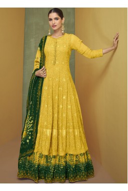 Yellow Faux Georgette Embroidered Wedding Gown With Dupatta