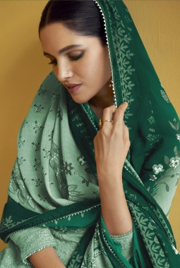 Sea Green Faux Georgette Embroidered Wedding Gown With Dupatta