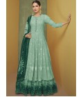 Sea Green Faux Georgette Embroidered Wedding Gown With Dupatta