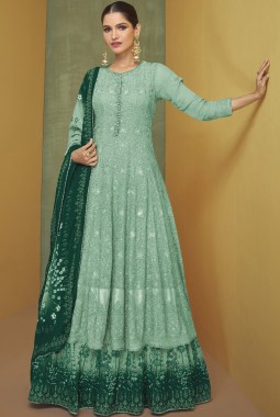 Sea Green Faux Georgette Embroidered Wedding Gown With Dupatta