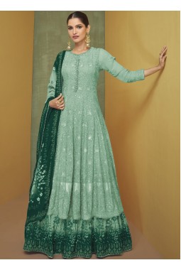 Sea Green Faux Georgette Embroidered Wedding Gown With Dupatta