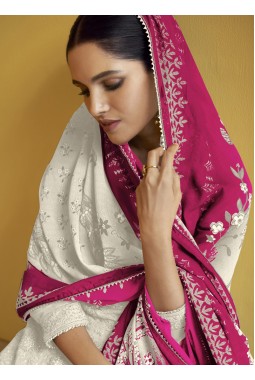 White Faux Georgette Embroidered Wedding Gown With Dupatta