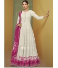 White Faux Georgette Embroidered Wedding Gown With Dupatta