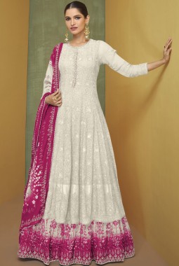 White Faux Georgette Embroidered Wedding Gown With Dupatta