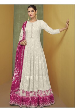 White Faux Georgette Embroidered Wedding Gown With Dupatta