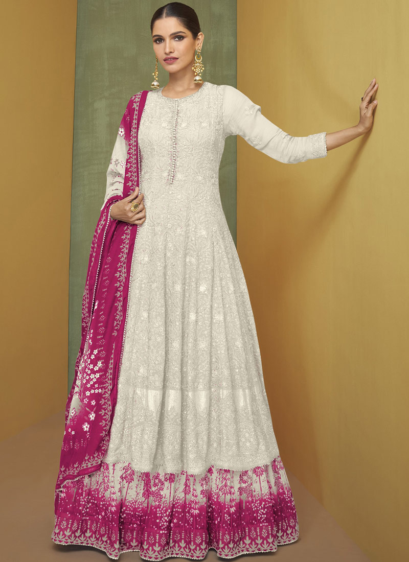 White Faux Georgette Embroidered Wedding Gown With Dupatta