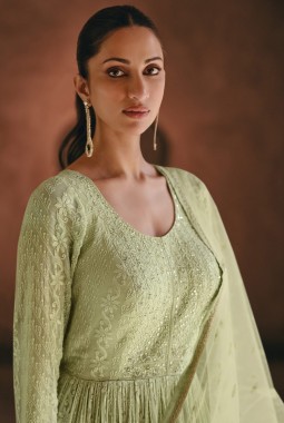 Light Pista Faux Georgette Embroidered Kameez Dupatta