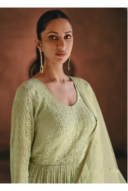 Light Pista Faux Georgette Embroidered Kameez Dupatta