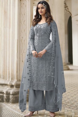 Grey Net Cording Embroidered Wedding Salwar Kameez