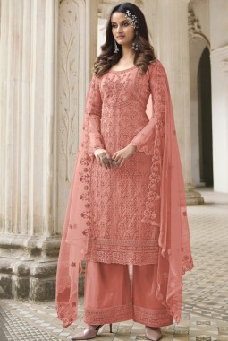 Peach Net Cording Embroidered Wedding Salwar Kameez