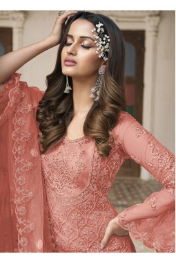 Peach Net Cording Embroidered Wedding Salwar Kameez