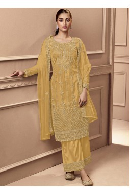 Yellow Net Cording Embroidered Festive Wear Salwar Kameez