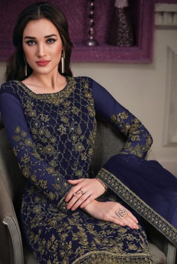 Navy Blue Net Cording Embroidered Designer Salwar Kameez