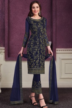 Navy Blue Net Cording Embroidered Designer Salwar Kameez