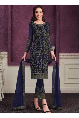 Navy Blue Net Cording Embroidered Designer Salwar Kameez