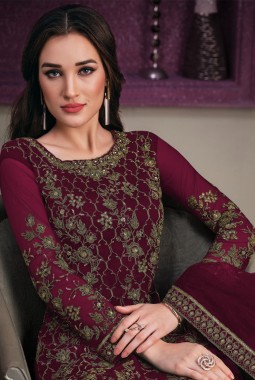 Maroon Net Cording Embroidered Designer Salwar Kameez