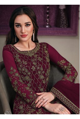 Maroon Net Cording Embroidered Designer Salwar Kameez