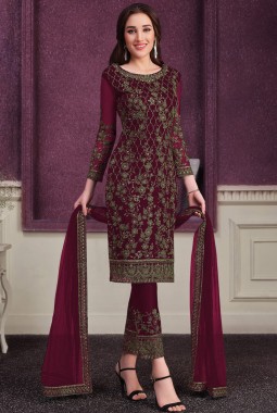 Maroon Net Cording Embroidered Designer Salwar Kameez
