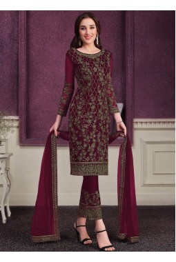 Maroon Net Cording Embroidered Designer Salwar Kameez