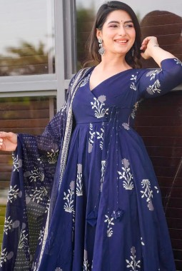 Royal Blue Pure Maslin Digital Print Anarkali Salwar Kameez
