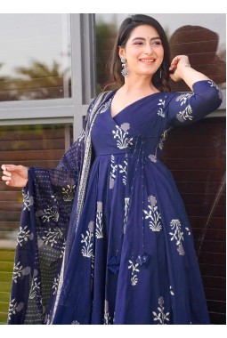 Royal Blue Pure Maslin Digital Print Anarkali Salwar Kameez