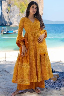 Pumpkin Yellow Pure Maslin Digital Print Anarkali Salwar Kameez