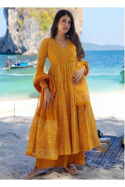 Pumpkin Yellow Pure Maslin Digital Print Anarkali Salwar Kameez
