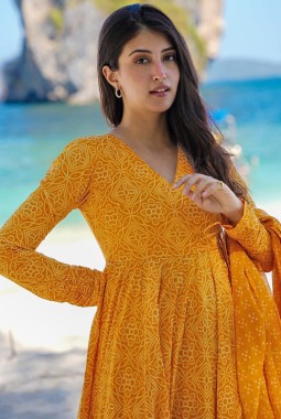Pumpkin Yellow Pure Maslin Digital Print Anarkali Salwar Kameez