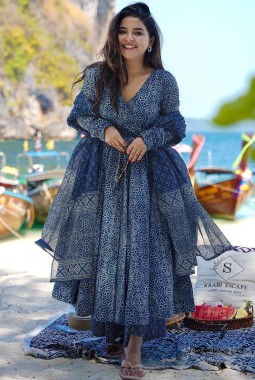 Navy Blue Pure Maslin Digital Print Anarkali Salwar Kameez