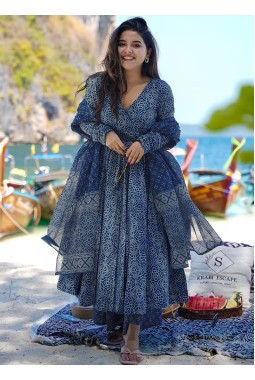 Navy Blue Pure Maslin Digital Print Anarkali Salwar Kameez