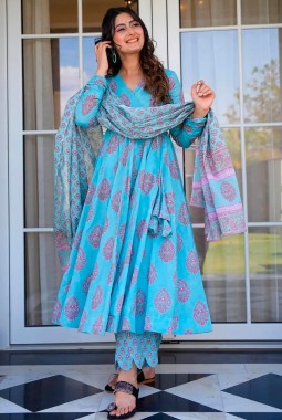 Electric Blue Pure Maslin Digital Print Anarkali Salwar Kameez