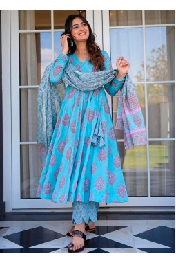 Electric Blue Pure Maslin Digital Print Anarkali Salwar Kameez