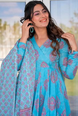 Electric Blue Pure Maslin Digital Print Anarkali Salwar Kameez