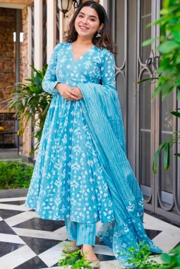 Bright Blue Pure Maslin Digital Print Anarkali Salwar Kameez