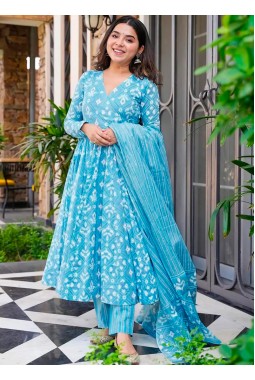 Bright Blue Pure Maslin Digital Print Anarkali Salwar Kameez