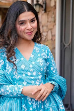 Bright Blue Pure Maslin Digital Print Anarkali Salwar Kameez