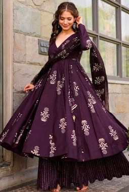 Dark Purple Pure Maslin Digital Print Anarkali Salwar Kameez
