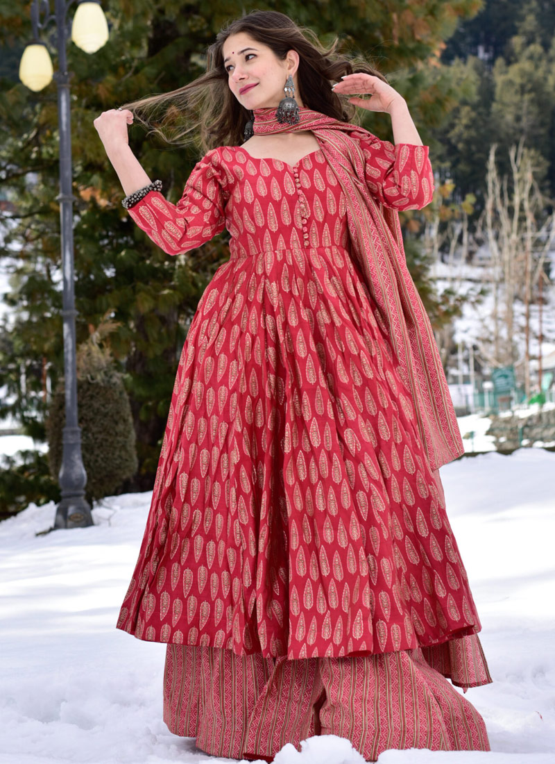 Crimson Red Pure Maslin Digital Printed Salwar Kameez