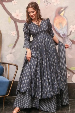 Cement Grey Pure Maslin Digital Printed Salwar Kameez