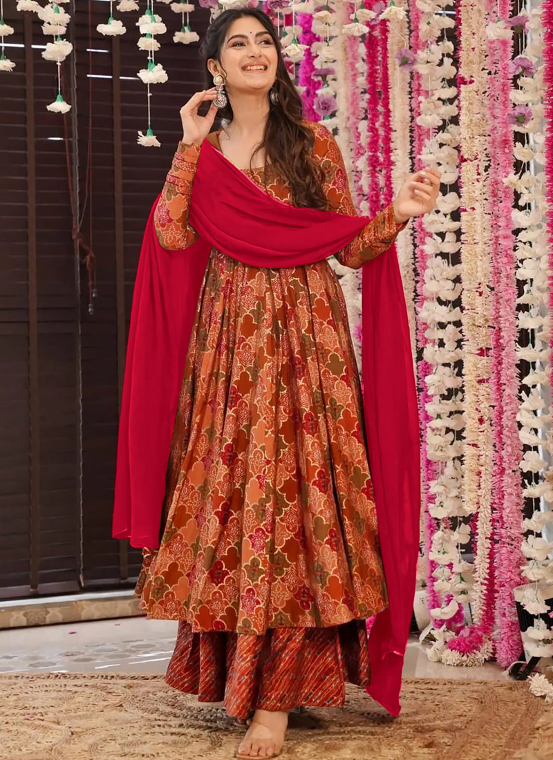 Red Pure Muslin Heavy Digital Print Casual Wear Anarkali Salwar Kameez