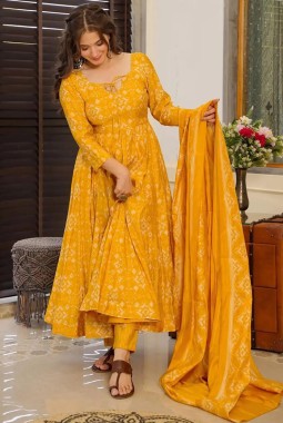 Yellow Pure Muslin Heavy Digital Print Casual Wear Anarkali Salwar Kameez