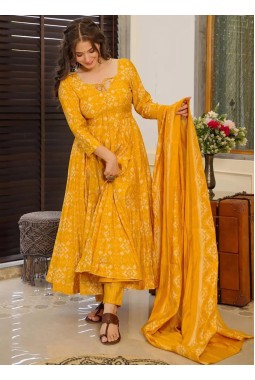 Yellow Pure Muslin Heavy Digital Print Casual Wear Anarkali Salwar Kameez