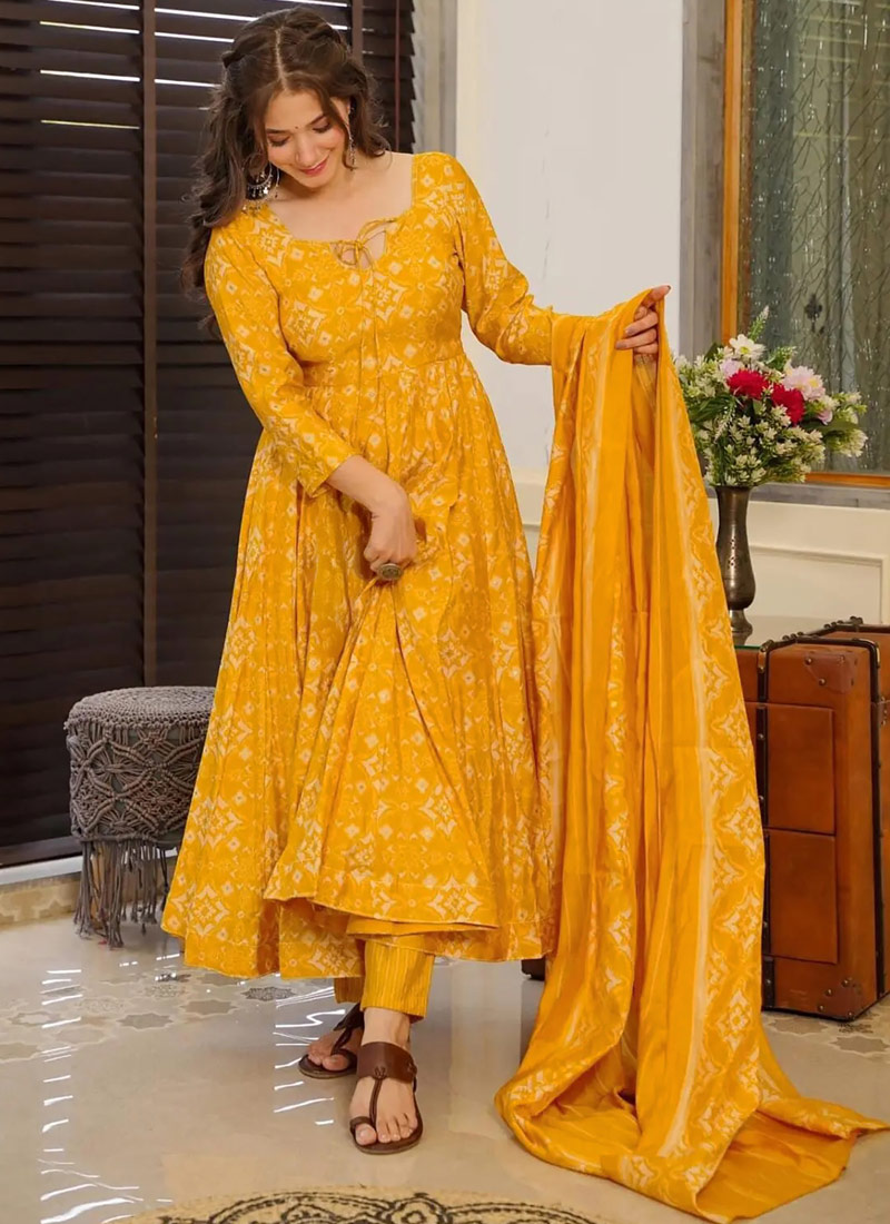 Yellow Pure Muslin Heavy Digital Print Casual Wear Anarkali Salwar Kameez