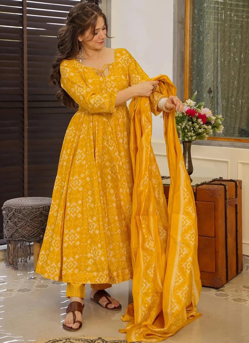 Yellow Pure Muslin Heavy Digital Print Casual Wear Anarkali Salwar Kameez