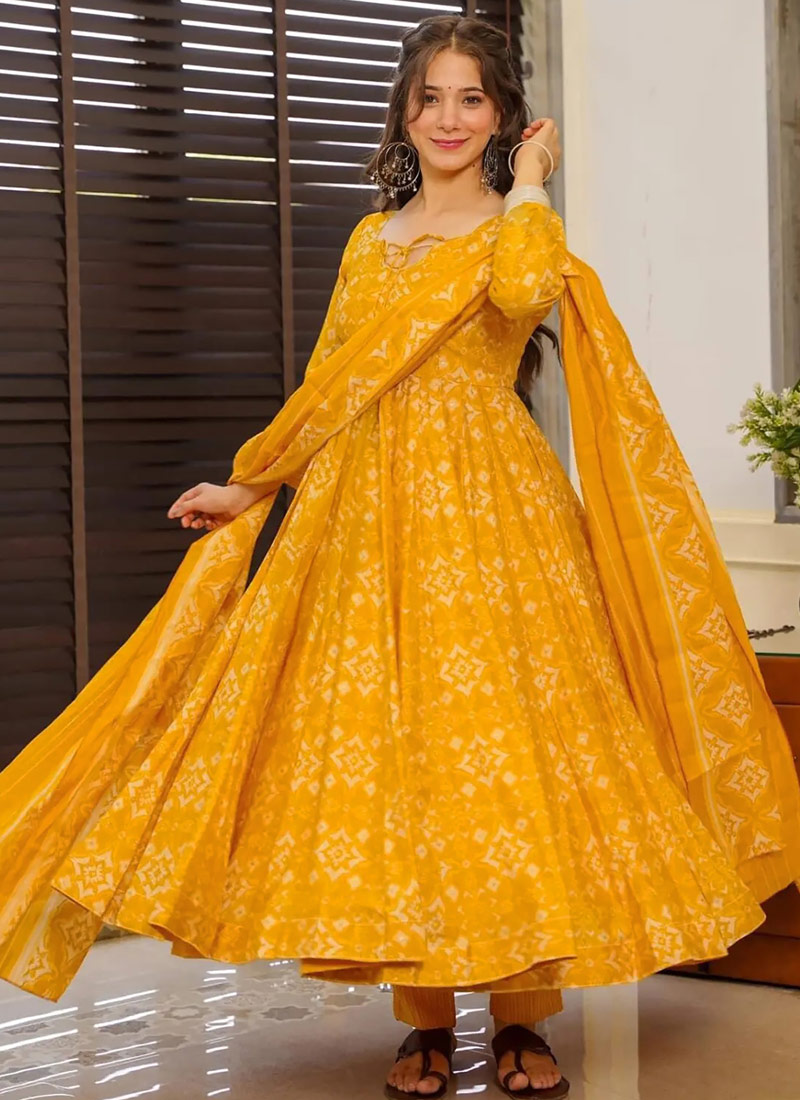 Yellow Pure Muslin Heavy Digital Print Casual Wear Anarkali Salwar Kameez